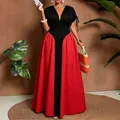 Elegant V-neck color-blocked high-waisted maxi dress in bold black and red tones - 0XL / Dresses / Red