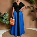 Elegant plus size V-neck maxi dress featuring a chic black and blue color-block design. - 1XL / Dresses / Blue