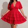 Elegant plus size red V-neck short sleeve tiered mini cake dress for summer fashion - 0XL / Dresses / Red