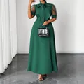 Elegant dark green plus size maxi dress with sheer mesh puff sleeves and bow neck - 0XL / Dresses / Green