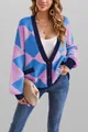 Cozy oversized V-neck argyle knit cardigan with blue and purple color block design - S / Tops / Blue and Purple