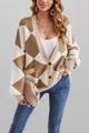 Oversized V-neck knit cardigan featuring a brown and white argyle patchwork pattern - S / Tops / Khaki