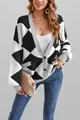 Cozy oversized V-neck knit cardigan featuring a bold black and white argyle pattern - S / Tops / Black and White