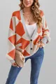 Women's V-neck argyle knit cardigan in orange and beige contrast colors. - S / Tops / Orange Red
