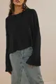 Women's chic black solid color round neck knit sweater with stylish flare sleeves for autumn - S / Tops / Black