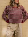 Casual striped round neck knit sweater with maroon stripes and loose fit - S / Tops / Red