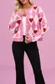Gilet en maille rose et blanc à motif de losanges et cœurs avec boutons pour femme - S / Hauts / Rose rouge