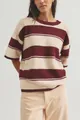 Lässiger kurzärmeliger Strickpullover mit weinroten und cremefarbenen Streifen für Damen - S / Oberteile / Rot
