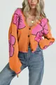 Gilet en maille jacquard à fleurs orange et rose pour femme avec boutons élégants - S / Hauts / Orange