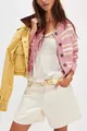 Elegante cárdigan de punto a rayas rosa y amarillo con cierre de botones y textura suave - S / Tops / Rosa