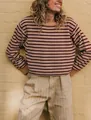 Cozy autumn round neck long sleeve striped knit sweater in brown and beige tones - S / Tops / Khaki