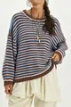 Lässiger braun und blau gestreifter Oversize-Strickpullover für Damen Herbstoberteil - S / Oberteile / Kaffeebraun
