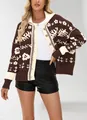 Brown and cream floral patterned oversized knit cardigan with button-up front design. - S / Tops / Coffee
