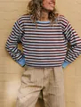 Stylish blue and brown striped crew neck long sleeve knit sweater for women fashion - S / Tops / Blue