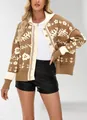 Stylish brown floral knit cardigan with vintage buttons and loose fit for women - S / Tops / Khaki