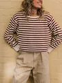 Chic women's cropped striped long sleeve crew neck knit sweater in maroon and cream - S / Tops / Apricot