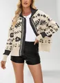 Women's loose cream knit cardigan featuring black floral patterns and a button-down front - S / Tops / Apricot
