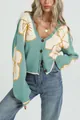 Gilet en tricot à fleurs bleu sarcelle et crème avec boutons pour l'automne - Vert