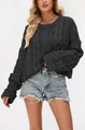 Women's stylish charcoal grey cable-knit cropped sweater with button-front neckline - S / Tops / Black
