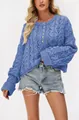 Stylish women's blue cable knit pullover sweater featuring front buttons and round neck - Blue