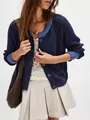 Eleganter dunkelblauer Strickcardigan mit Kontrastbesatz und einreihigen Knöpfen - S / Oberteile / Dunkelblau
