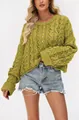 Stylish olive green chunky knit sweater featuring front buttons and textured pattern - Grass Green