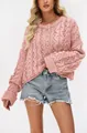 Casual pink buttoned cable-knit sweater for women, stylish short pullover knitwear - Pink