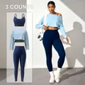 Ensemble de yoga sans couture 3 pièces avec brassière, legging et haut à manches longues. - S / Ensemble / Bleu Clair & Bleu Marine