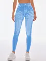 Vorderansicht der nahtlosen Yoga-Leggings mit blauem Denim-Print und hohem Bund - Hellblau