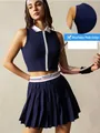 Navy blue mesh tennis set with polo zipper top and pleated quick-dry sports skirt - L / Top And Bottom / Blue