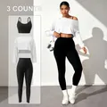 Ensemble de yoga sans couture 3 pièces avec brassière sport, legging et haut court chic - S / Ensemble / Blanc & Noir
