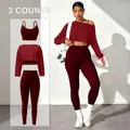 Ensemble de yoga 3 pièces sans couture bordeaux avec brassière, haut et legging - S / Ensemble / Bordeaux