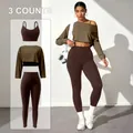 Ensemble de yoga 3 pièces avec crop top olive, soutien-gorge et legging marron - S / Ensemble / Marron