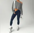 Ensemble de yoga 3 pièces pour femme avec haut gris et leggings bleu foncé - Gris