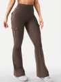 High-waisted brown cargo flare yoga pants with functional side button pockets - S / Bottoms / Coffee