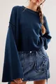 Fashionable dark blue round neck knit sweater featuring elegant long flared sleeves for women - S / Tops / Navy Blue