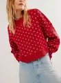 Chic red short loose-fit knitted sweater with white butterfly patterns for women - S / Tops / Red