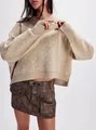 Beige short loose knit sweater with round neck and butterfly jacquard pattern detail - S / Tops / Khaki