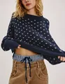 Cropped navy blue round neck knitted sweater with white butterfly jacquard pattern. - S / Tops / Navy Blue