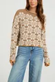 Cozy brown and white floral jacquard crew neck knit sweater for women in autumn - S / Tops / Khaki