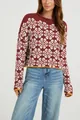 Loose burgundy jacquard knit sweater with white floral patterns and yellow trim detail - S / Tops / Burgundy