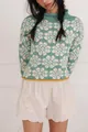 Teal and white floral jacquard knit sweater with long sleeves and roll-neck design - S / Tops / Green