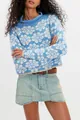 Western style loose blue and white floral jacquard knit sweater with long sleeves - S / Tops / Blue