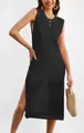 Elegant summer black sleeveless knitted midi dress with hollow-out mesh hem detail - S / Dresses / Black