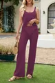 Élégant ensemble deux pièces violet en tricot crocheté avec haut sans manches et pantalon - S / Haut Et Bas / Bordeaux