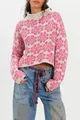 Loose oversized pink and white floral jacquard knitted sweater with a classic round neck design - Pink