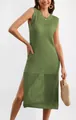 Women's sleeveless olive green knit midi dress with stylish hollow-out hem detail - S / Dresses / Green