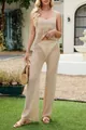 Chic ensemble beige deux pièces en tricot ajouré sans manches avec pantalon large assorti - S / Haut Et Bas / Kaki