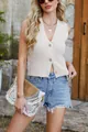Sleeveless cream chunky knit button-down vest cardigan for stylish women summer wear - S / Tops / White Apricot