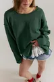 Chic oversized dark green round neck knitted sweater with a loose fit for women - Dark Green
